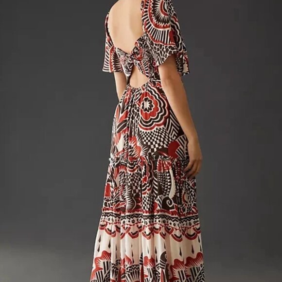 Anthropologie Tiered Maxi Dress V Neck Flutter Sleeve Southwestern Size M - Picture 3 of 11